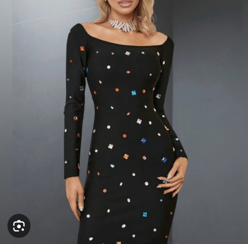 Chic Black Long Sleeve Dress with Multicolor Details Brand New Velvet